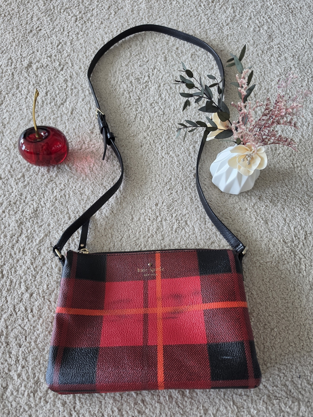 kate spade Red & Black Plaid Crossbody Bag with Orange Accents